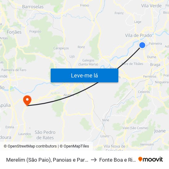 Merelim (São Paio), Panoias e Parada de Tibães to Fonte Boa e Rio Tinto map