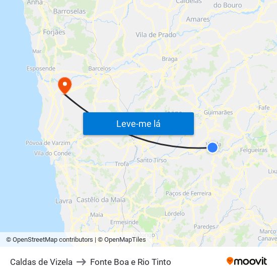 Caldas de Vizela to Fonte Boa e Rio Tinto map