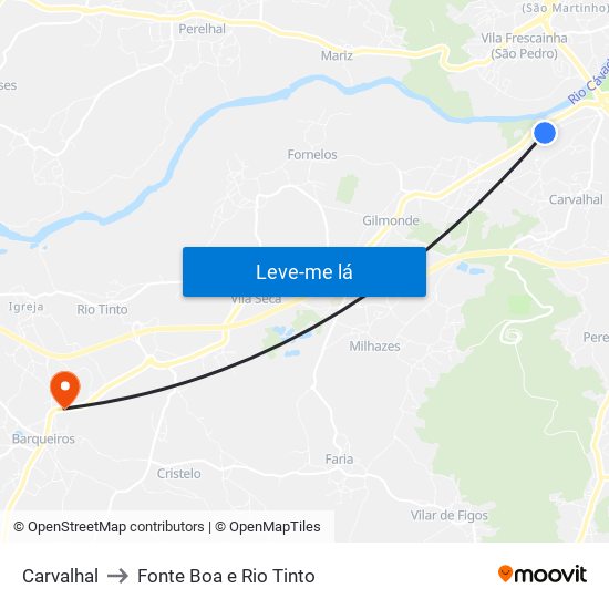 Carvalhal to Fonte Boa e Rio Tinto map