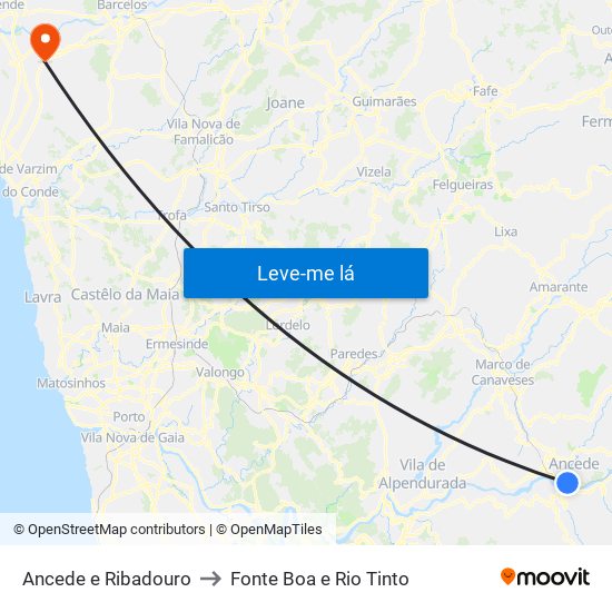 Ancede e Ribadouro to Fonte Boa e Rio Tinto map