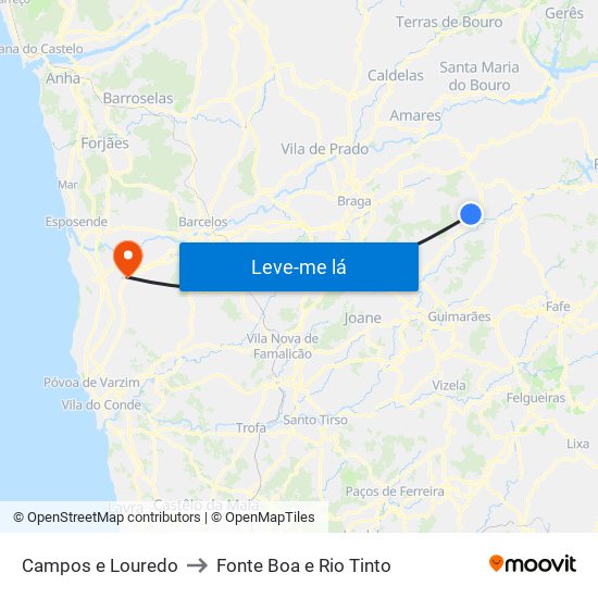 Campos e Louredo to Fonte Boa e Rio Tinto map