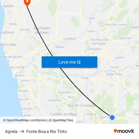 Agrela to Fonte Boa e Rio Tinto map