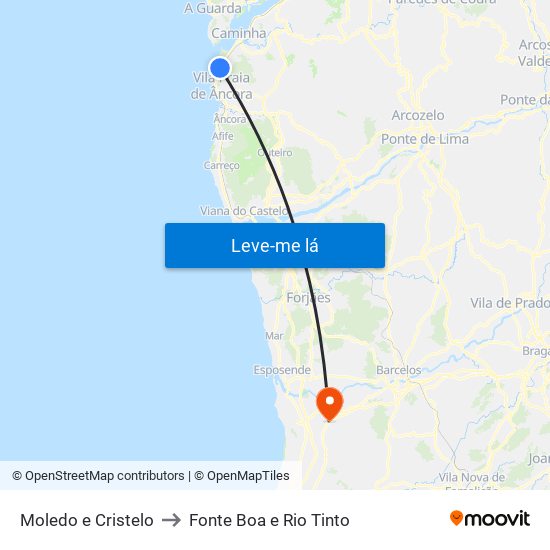 Moledo e Cristelo to Fonte Boa e Rio Tinto map