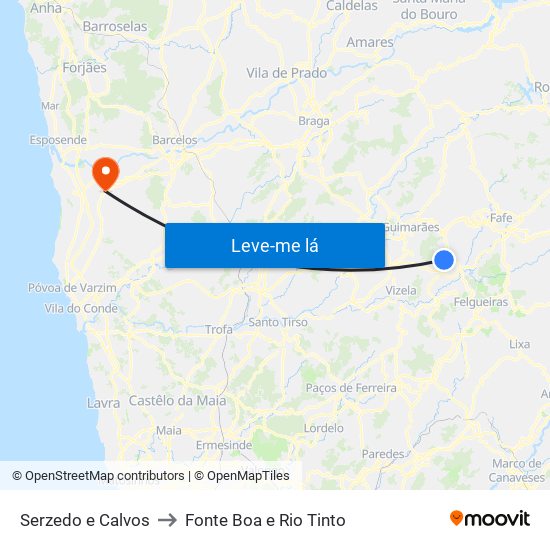 Serzedo e Calvos to Fonte Boa e Rio Tinto map