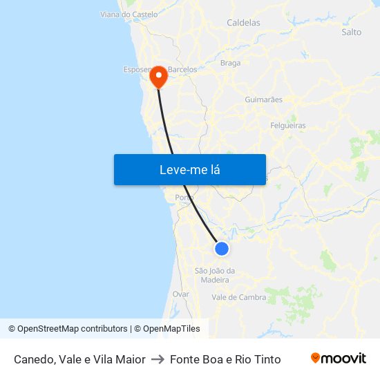 Canedo, Vale e Vila Maior to Fonte Boa e Rio Tinto map