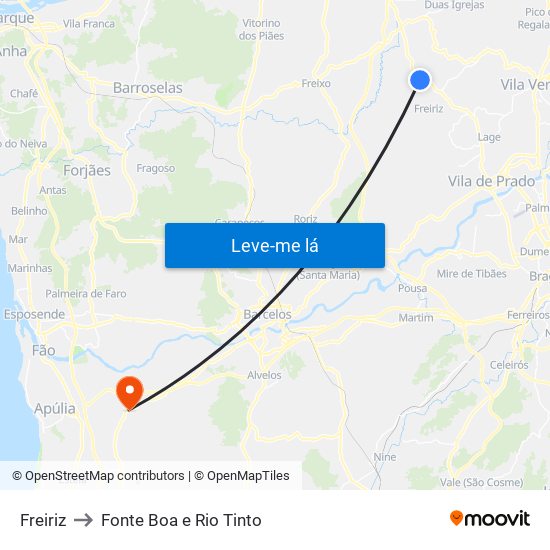 Freiriz to Fonte Boa e Rio Tinto map
