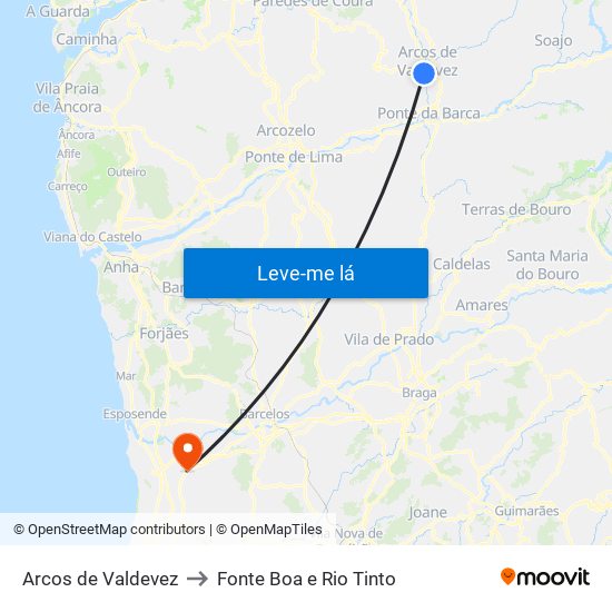 Arcos de Valdevez to Fonte Boa e Rio Tinto map