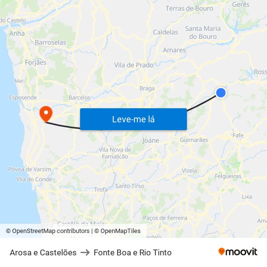 Arosa e Castelões to Fonte Boa e Rio Tinto map