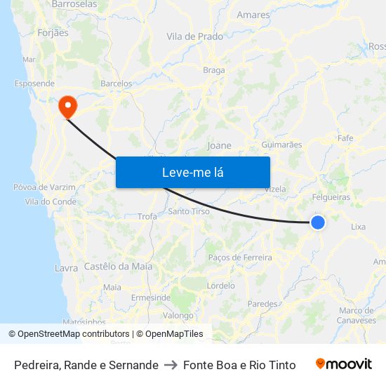 Pedreira, Rande e Sernande to Fonte Boa e Rio Tinto map