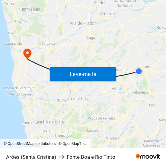 Arões (Santa Cristina) to Fonte Boa e Rio Tinto map