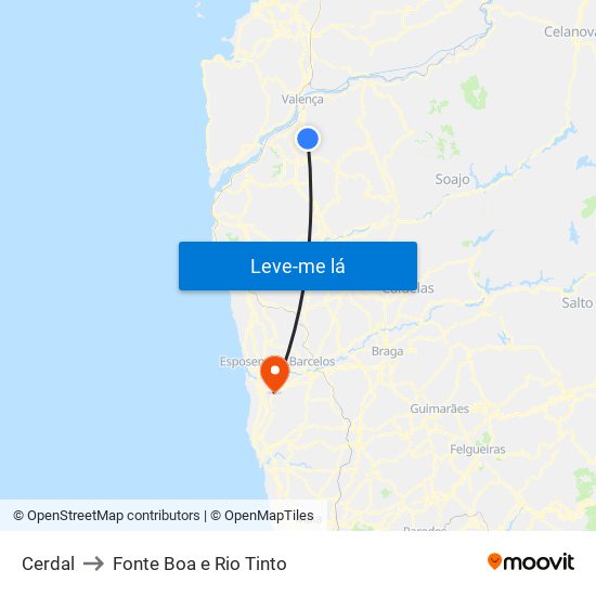 Cerdal to Fonte Boa e Rio Tinto map