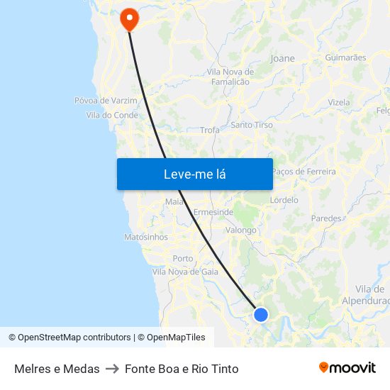 Melres e Medas to Fonte Boa e Rio Tinto map