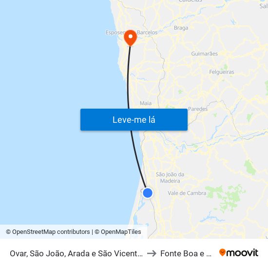 Ovar, São João, Arada e São Vicente de Pereira Jusã to Fonte Boa e Rio Tinto map
