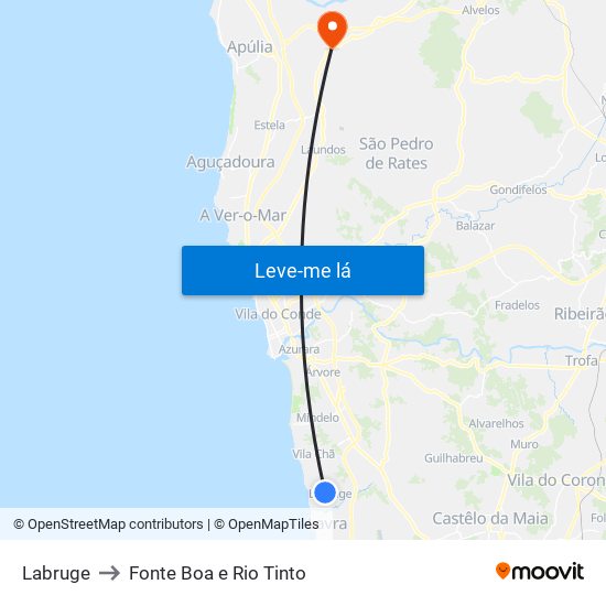 Labruge to Fonte Boa e Rio Tinto map