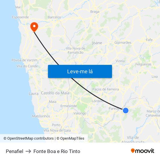 Penafiel to Fonte Boa e Rio Tinto map