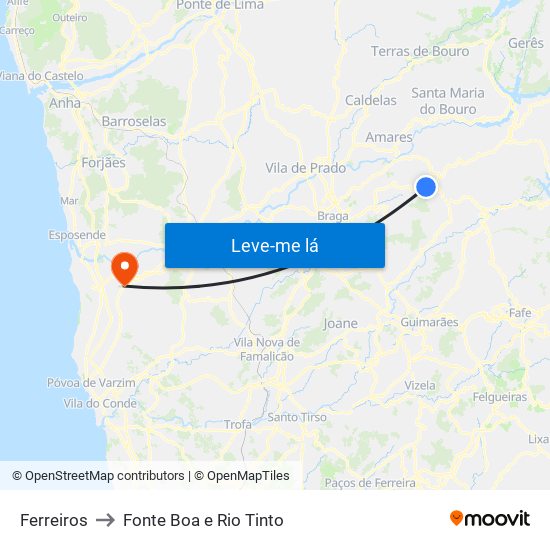 Ferreiros to Fonte Boa e Rio Tinto map