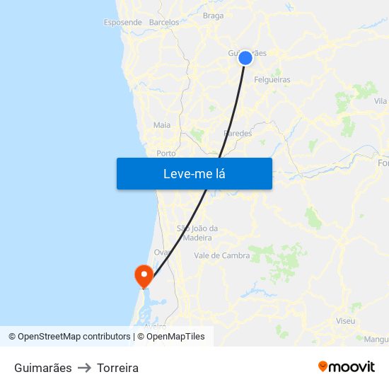 Guimarães to Torreira map