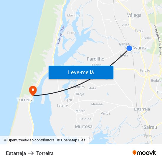 Estarreja to Torreira map