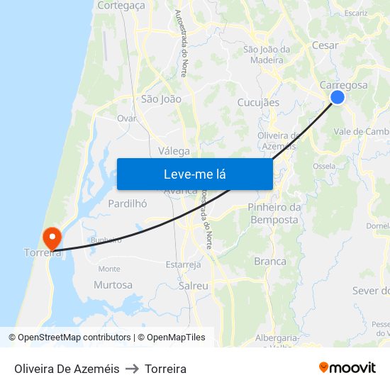 Oliveira De Azeméis to Torreira map