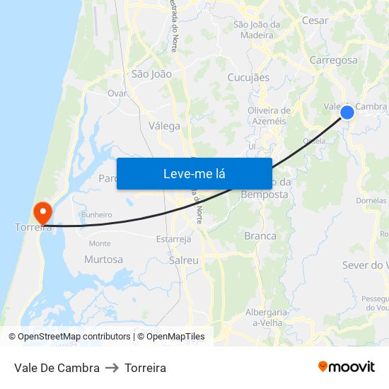 Vale De Cambra to Torreira map