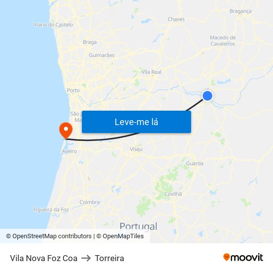 Vila Nova Foz Coa to Torreira map