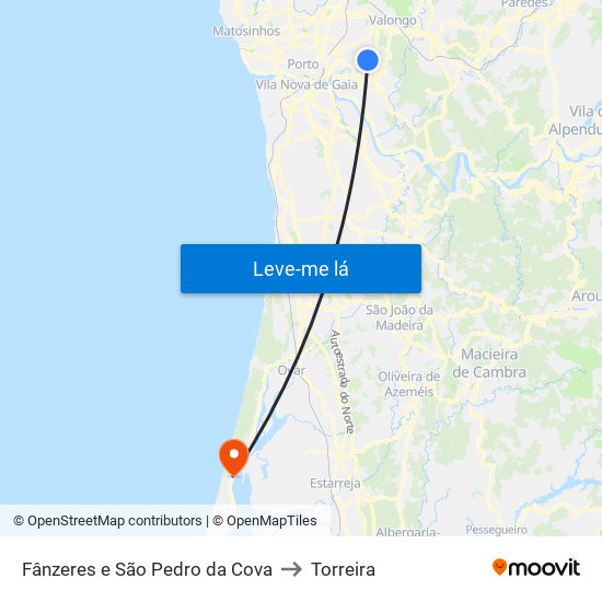 Fânzeres e São Pedro da Cova to Torreira map