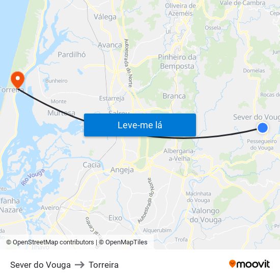 Sever do Vouga to Torreira map