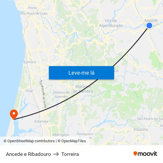 Ancede e Ribadouro to Torreira map