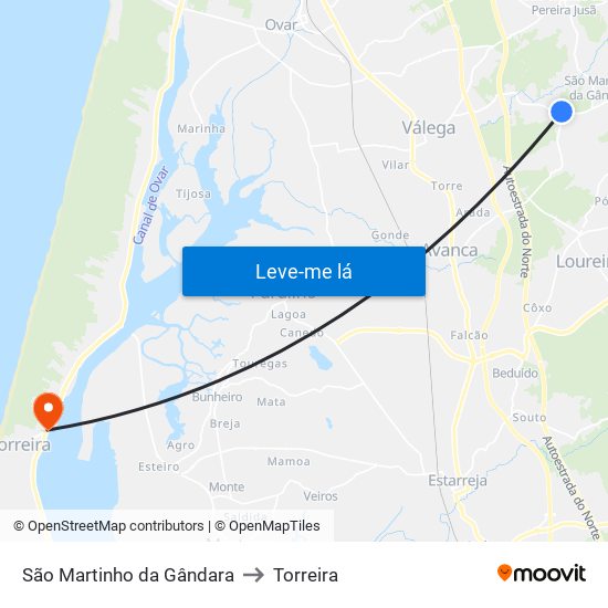São Martinho da Gândara to Torreira map