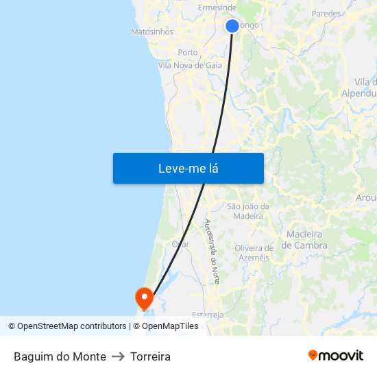 Baguim do Monte to Torreira map