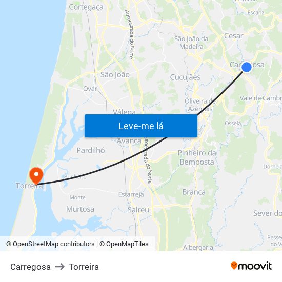 Carregosa to Torreira map