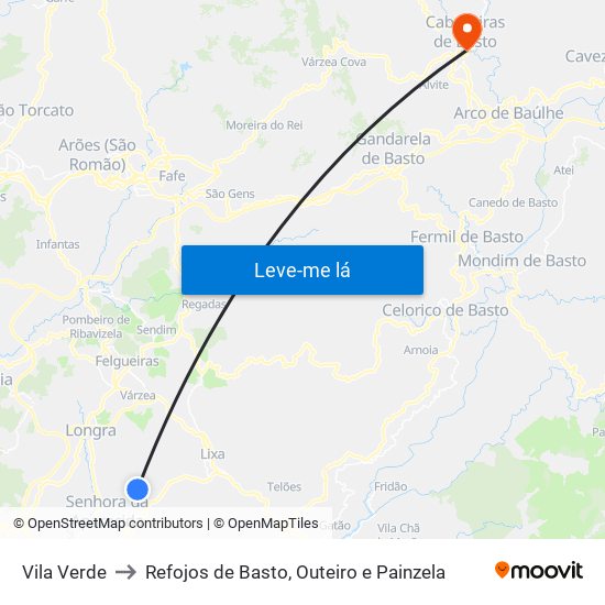 Vila Verde to Refojos de Basto, Outeiro e Painzela map