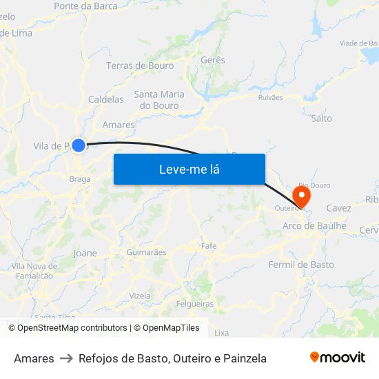 Amares to Refojos de Basto, Outeiro e Painzela map