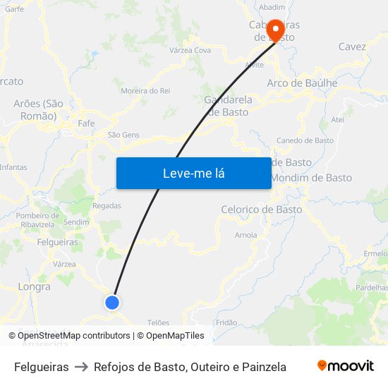 Felgueiras to Refojos de Basto, Outeiro e Painzela map