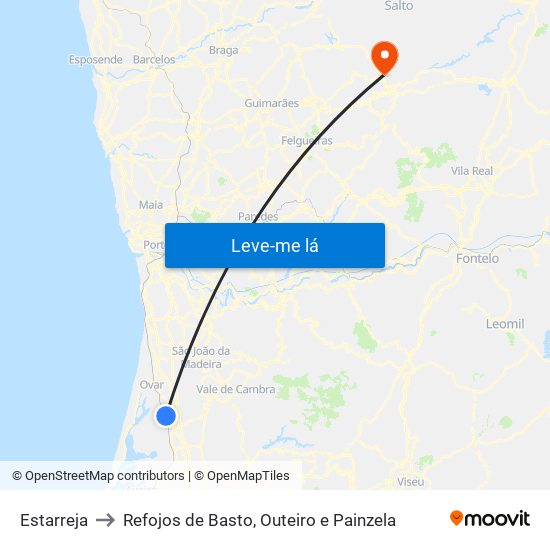 Estarreja to Refojos de Basto, Outeiro e Painzela map
