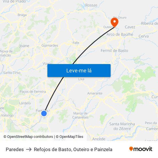 Paredes to Refojos de Basto, Outeiro e Painzela map