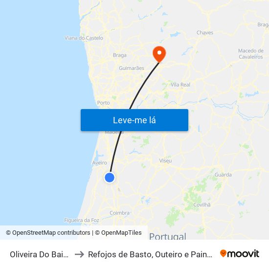 Oliveira Do Bairro to Refojos de Basto, Outeiro e Painzela map
