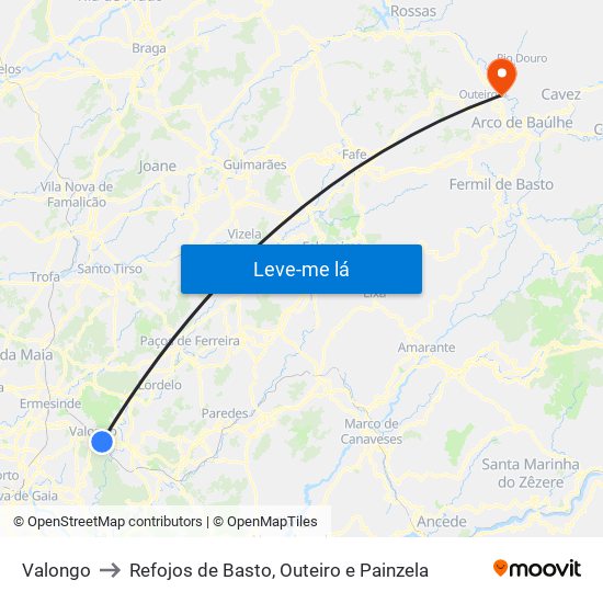 Valongo to Refojos de Basto, Outeiro e Painzela map