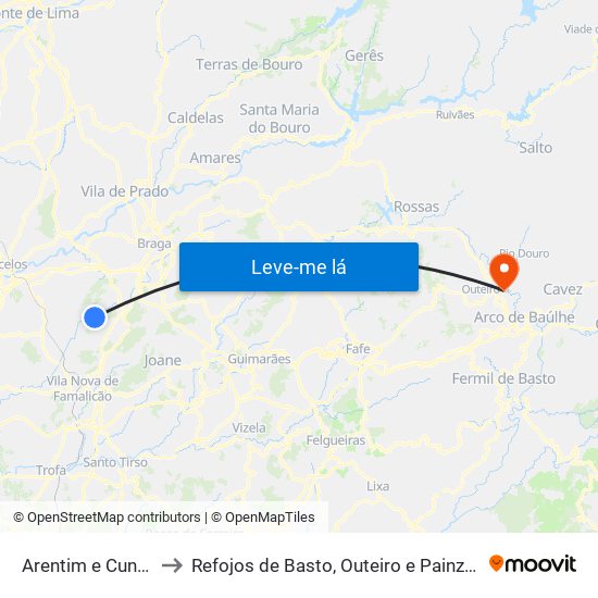 Arentim e Cunha to Refojos de Basto, Outeiro e Painzela map