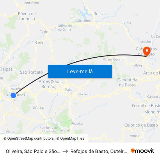 Oliveira, São Paio e São Sebastião to Refojos de Basto, Outeiro e Painzela map