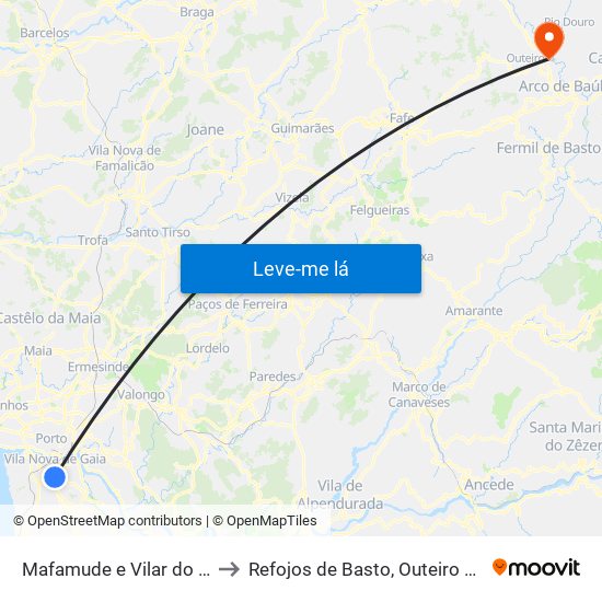 Mafamude e Vilar do Paraíso to Refojos de Basto, Outeiro e Painzela map