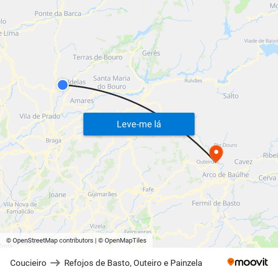 Coucieiro to Refojos de Basto, Outeiro e Painzela map