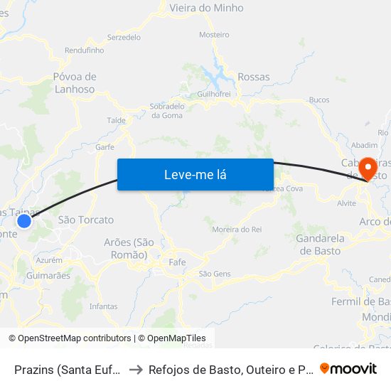 Prazins (Santa Eufémia) to Refojos de Basto, Outeiro e Painzela map