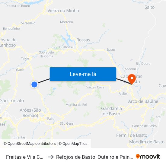 Freitas e Vila Cova to Refojos de Basto, Outeiro e Painzela map