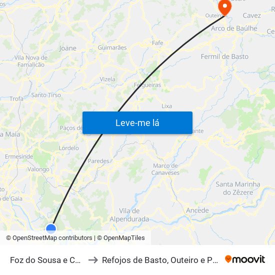 Foz do Sousa e Covelo to Refojos de Basto, Outeiro e Painzela map