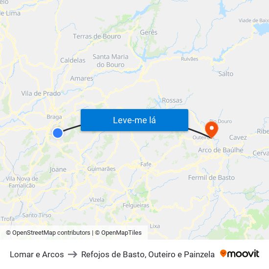 Lomar e Arcos to Refojos de Basto, Outeiro e Painzela map