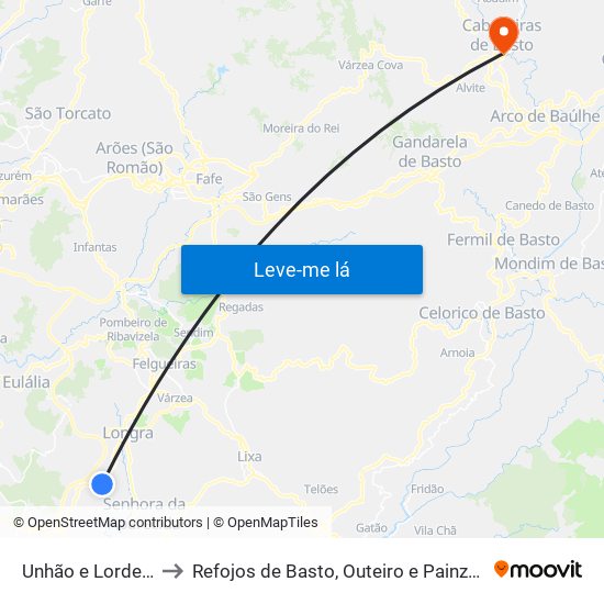 Unhão e Lordelo to Refojos de Basto, Outeiro e Painzela map