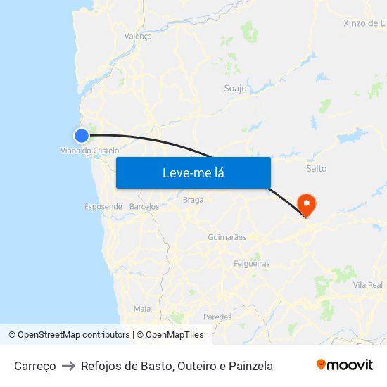 Carreço to Refojos de Basto, Outeiro e Painzela map