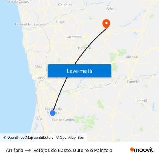 Arrifana to Refojos de Basto, Outeiro e Painzela map