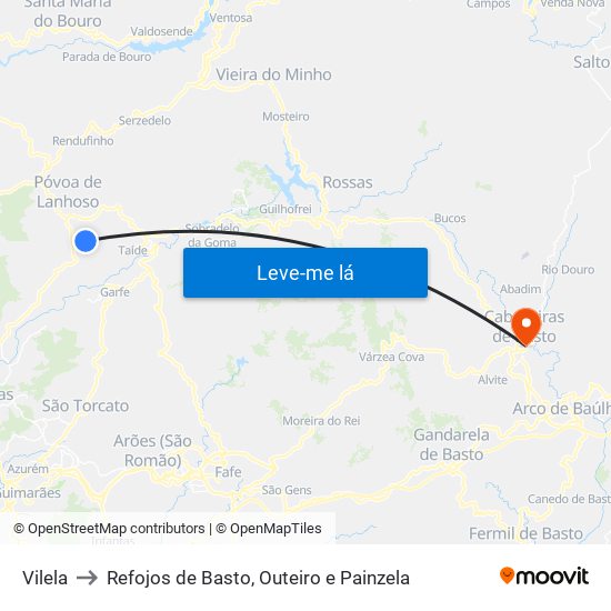 Vilela to Refojos de Basto, Outeiro e Painzela map